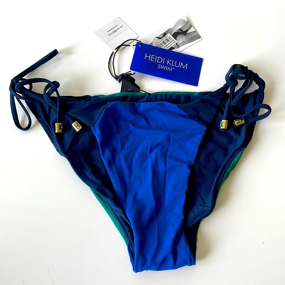 NWT (L) HEIDI KLUM reversible color block V string bikini bottom 10 navy blues